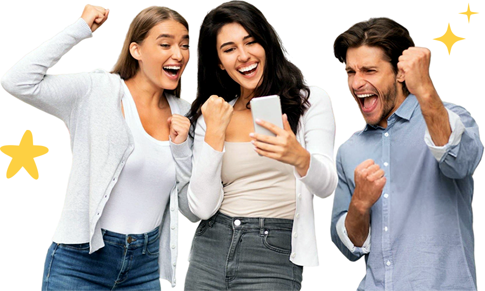 Three adults celebrating together while looking at a phone
