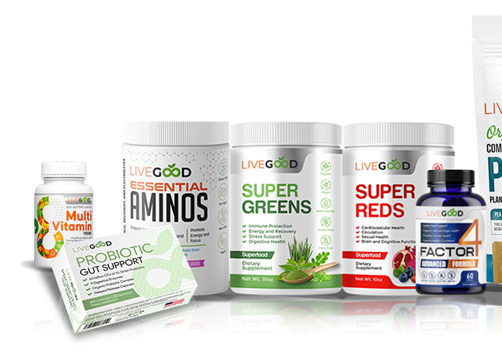 A lineup of LiveGood product containers